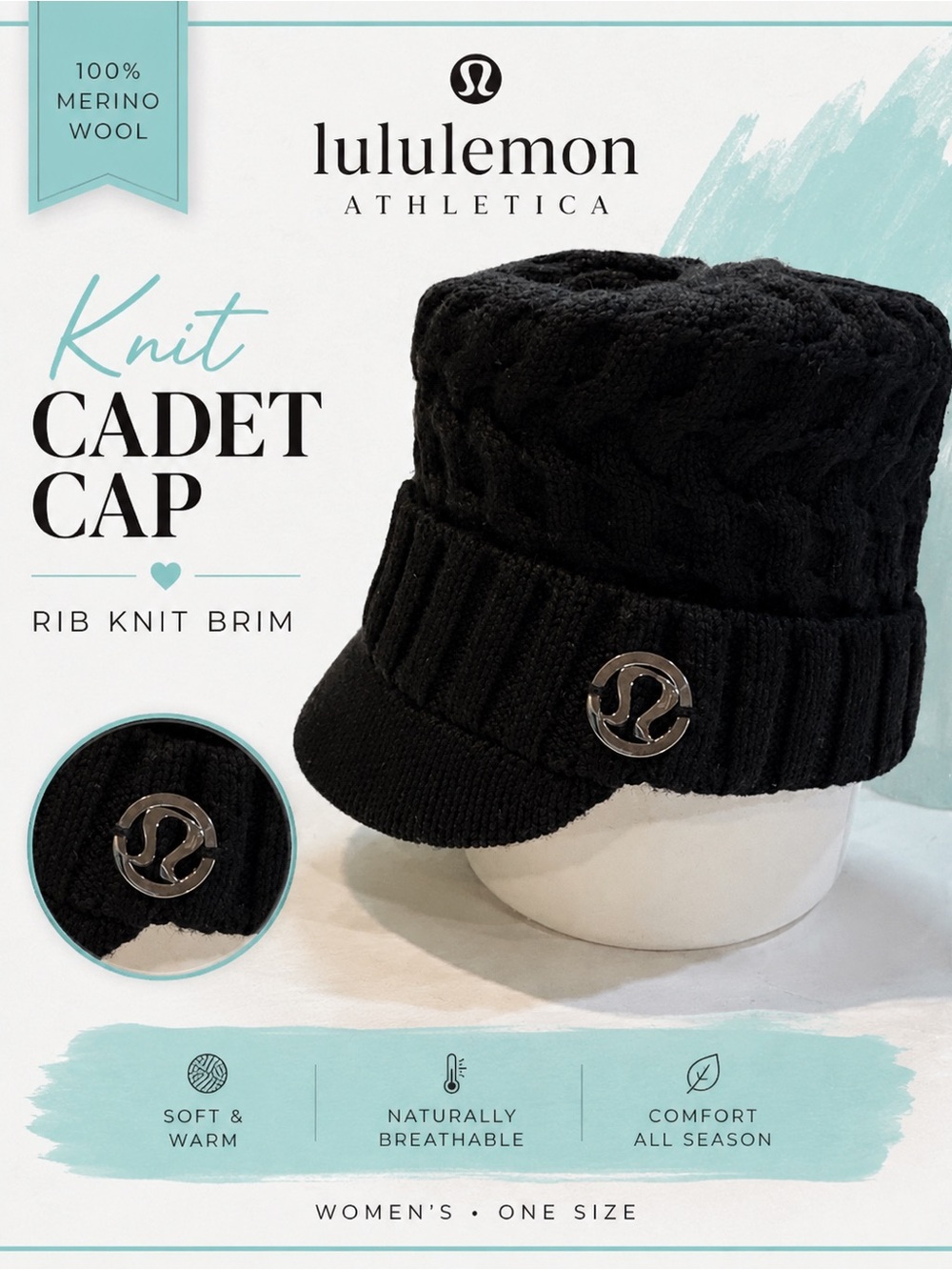 lululemon athletica Women's Black Knit Cadet Cap 100% Merino Wool Rib Knit Brim